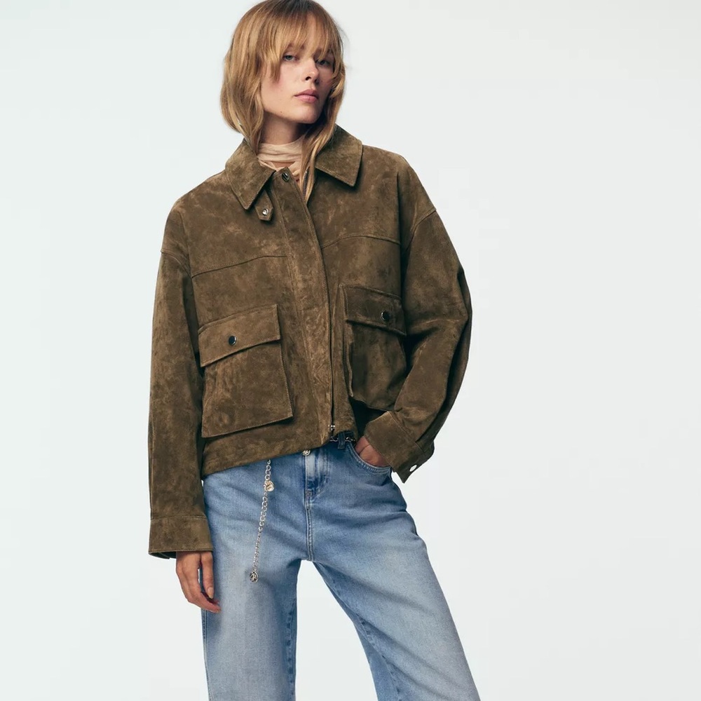 ZARA Women’s 100% Leather Bomber Jacket NWT MEDIUM Khaki